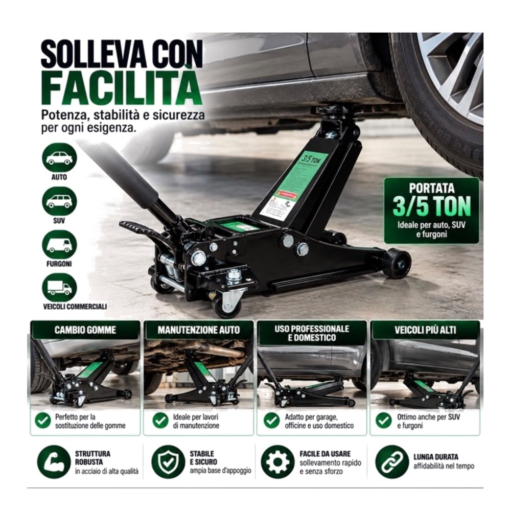 Solleva con facilità: cambio gomme, manutenzione, auto, SUV e furgoni