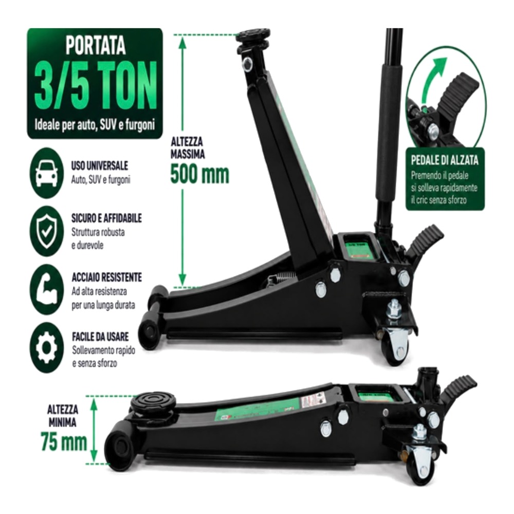 Portata 3/5 T, altezza minima 75 mm e massima 500 mm